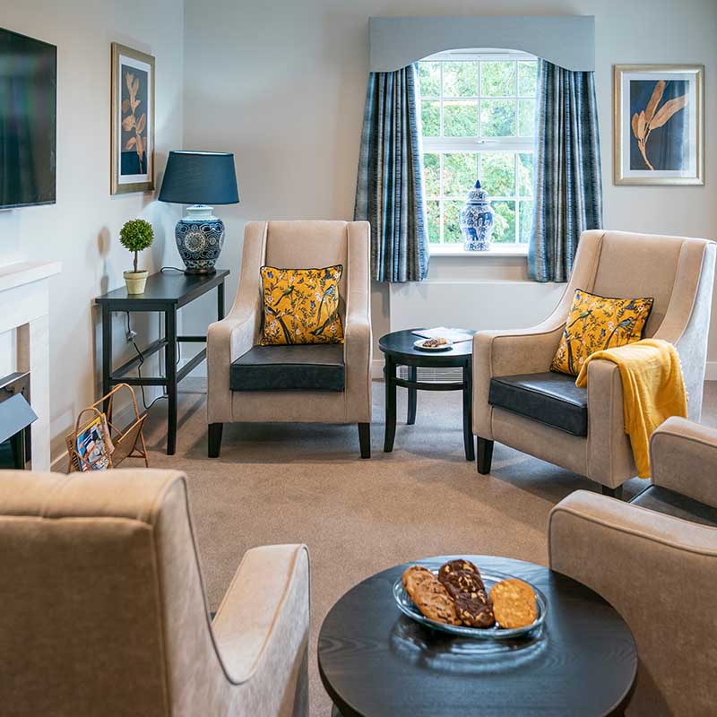 Sitting room with armchairs and yellow cushions, tv on wall and a window in the background